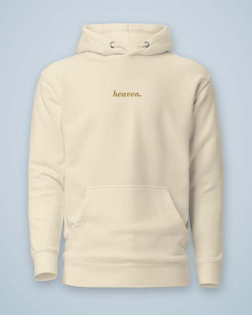 Sweat à capuche heaven. crème, broderie fil doré sur la poitrine, vu de face