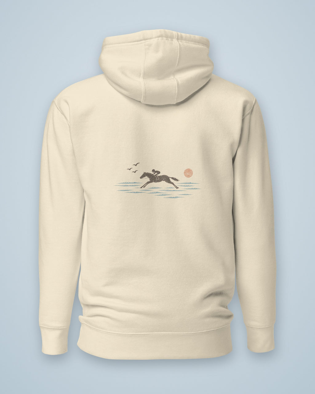 Dos du sweat heaven. : cheval au galop dans les vagues sous un soleil corail