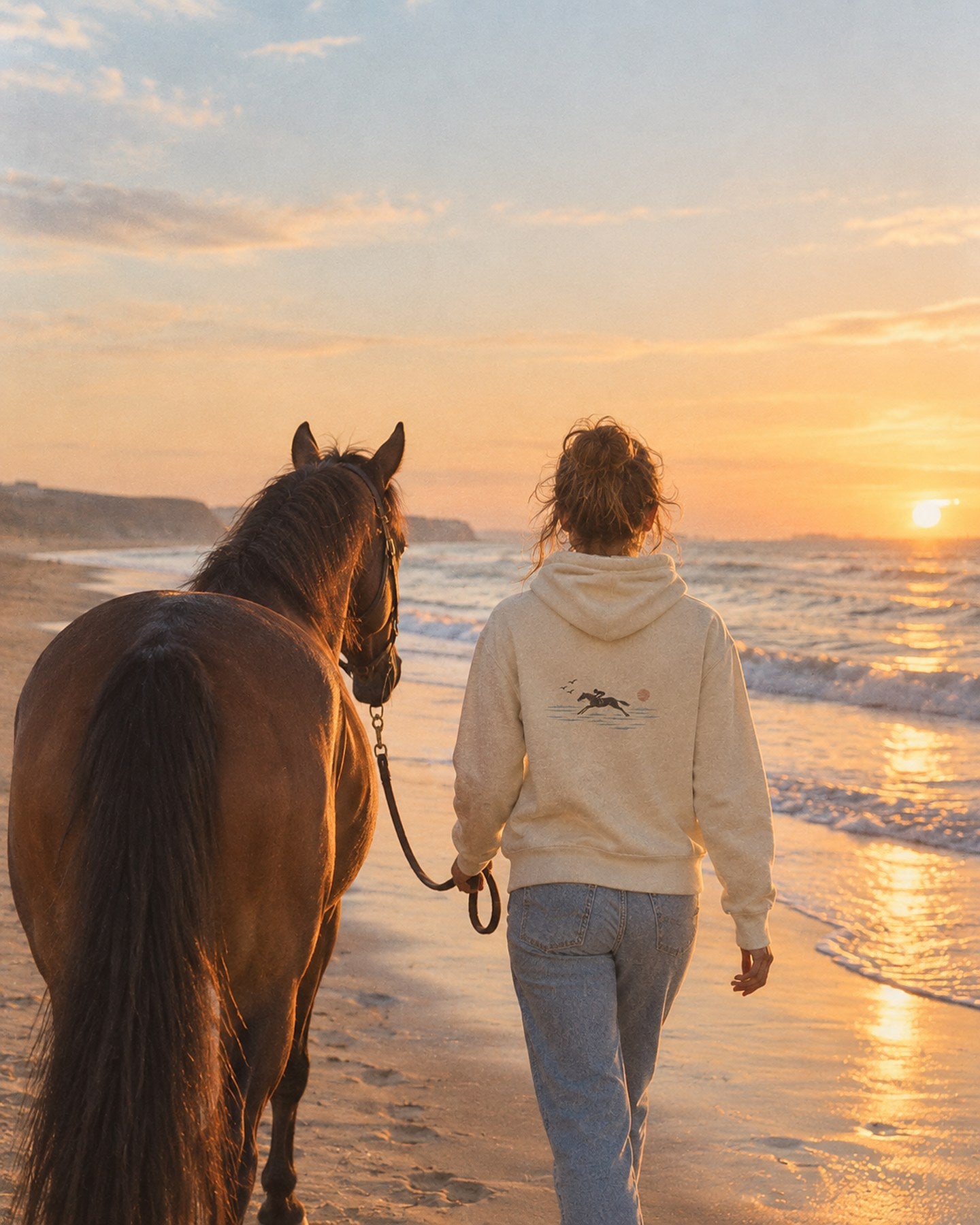 Cavalière vue de dos menant son cheval au bord de la mer, illustration du galop au dos du sweat