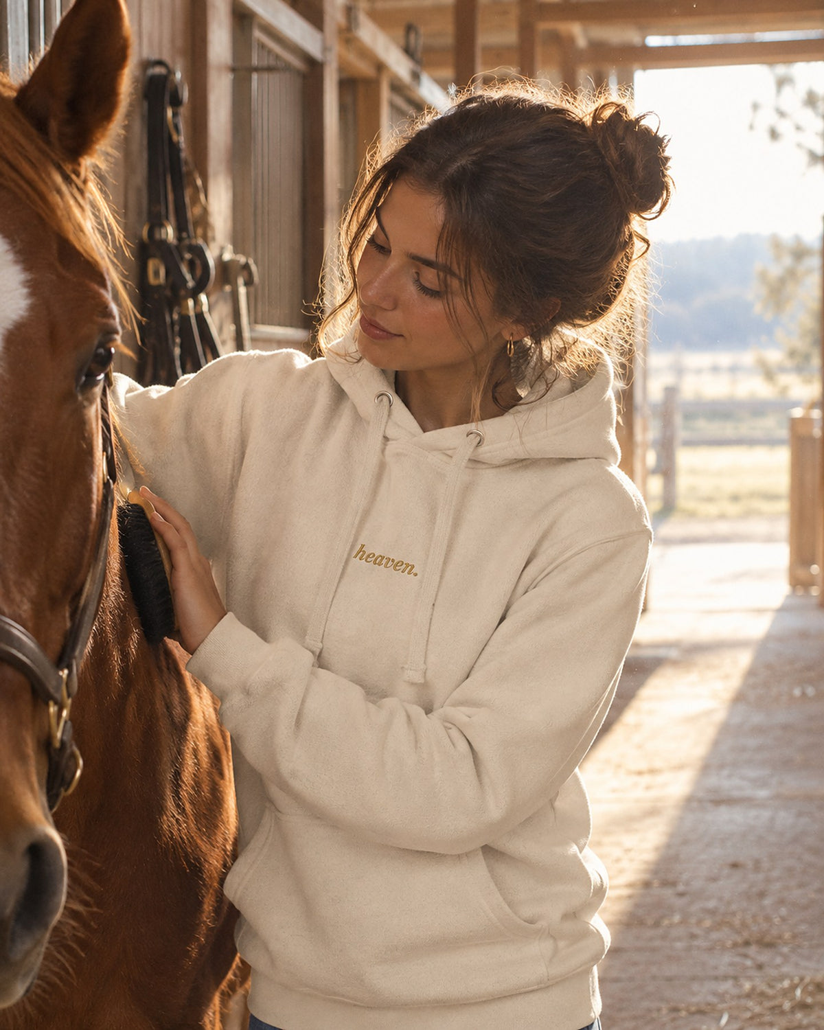 Cavalière en sweat heaven. brossant son cheval alezan dans une écurie baignée de lumière